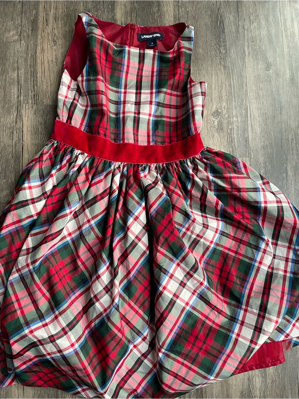Lands' End Red, White & Green Tartan Fit-and-Flare Dress girls sz 7